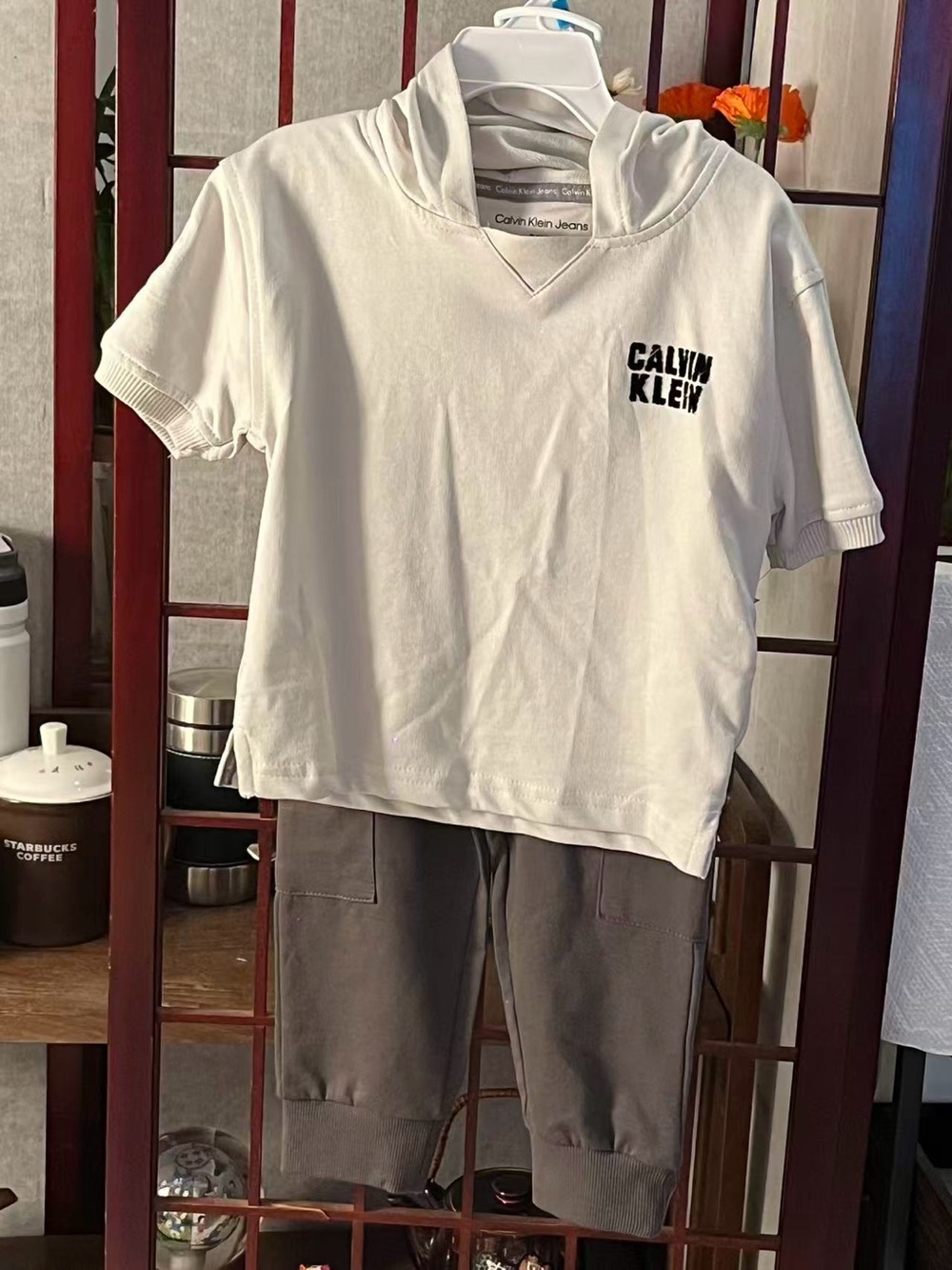 Calvin Klein Cream Short-Sleeve Hooded Tee with Logo